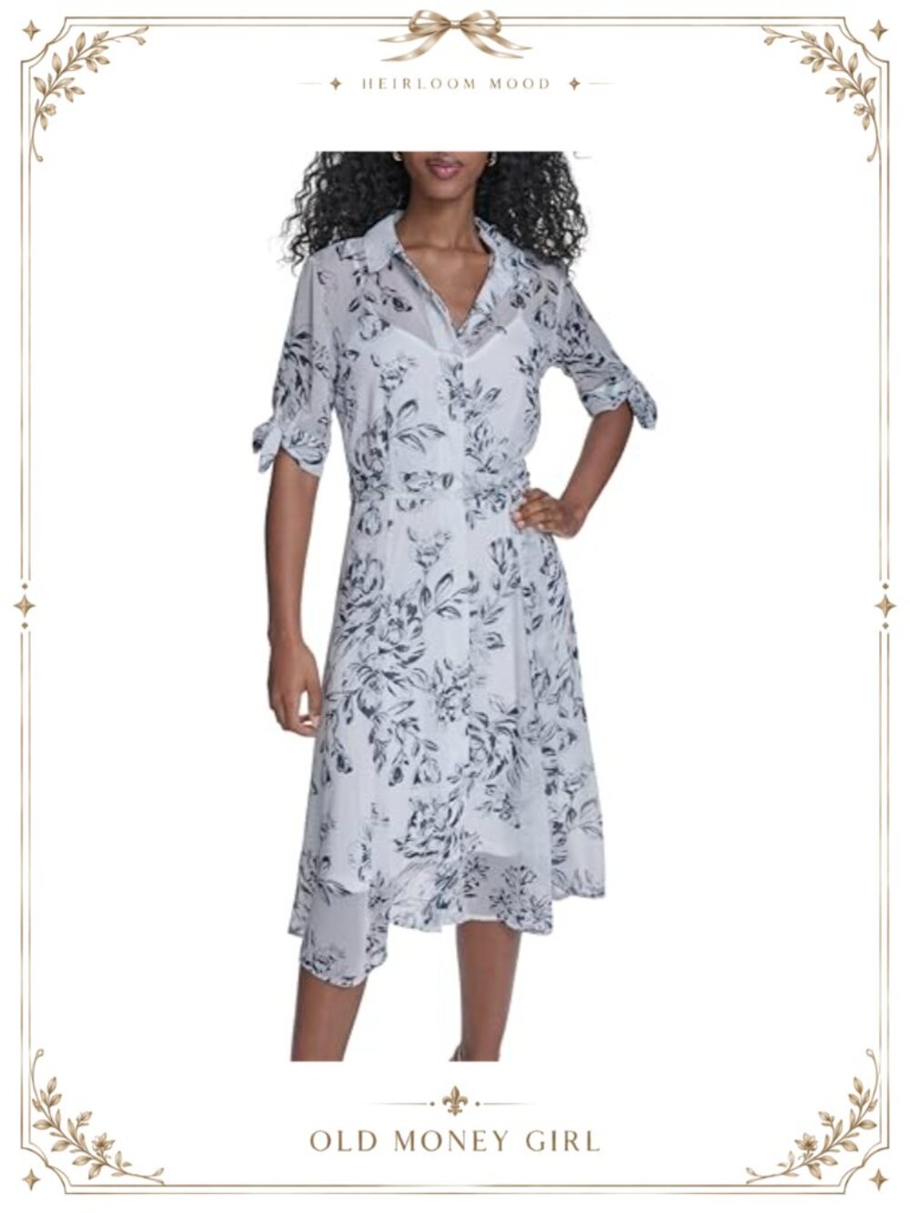 Calvin Klein Cotton Floral Midi Shirt Dress Short Tie Sleeve Collared